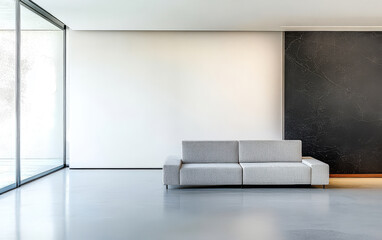 Fototapeta premium Modern living room with minimalistic design and large windows showcasing natural light