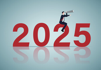 Year 2025 outlook, economic forecast or future vision, business opportunity or challenge ahead, year review or analysis concept, confidence businessman with telescope ride on year 2025.