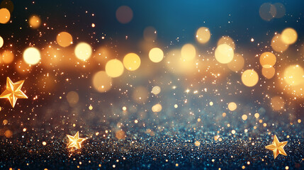 Fototapeta premium Abstract blurred bokeh lights on dark blue background - festive Christmas and new year holiday template with glittering defocused stars and sparkling effects