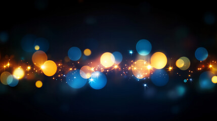 Abstract blurred bokeh lights on dark blue background - festive Christmas and new year holiday template with glittering defocused stars and sparkling effects