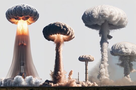 Compilation of Nuclear Explosions and Isolated Mushroom Clouds on a Blank Background