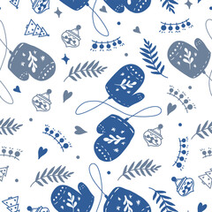 Naklejka premium Pattern of Christmas and New Year drawings in the style of doodle. A collection of hand-drawn children's holiday vectors.