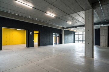 Minimalist concrete interior with dark walls and bright accent walls, modern minimalism, dark walls, clean lines