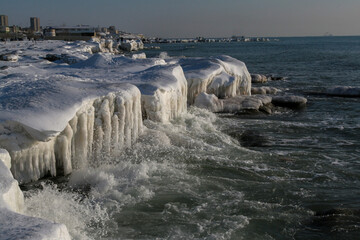 The shore of the Caspian Sea in winter near the city of Aktau in Kazakhstan