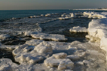 The shore of the Caspian Sea in winter near the city of Aktau in Kazakhstan