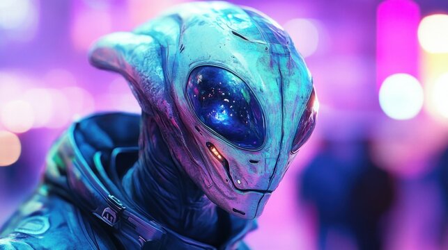 Neon City Alien: A futuristic close-up portrait of a bioluminescent alien in a vibrant city setting