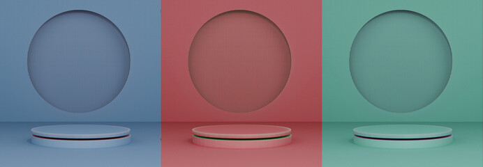 A creative display setup showcases a unique design with three vibrant colored backgrounds: blue, red, and green.