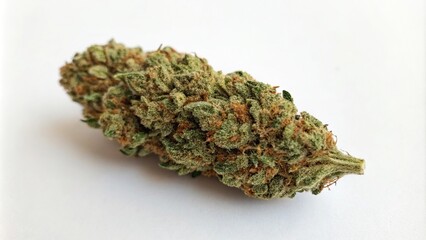 Overhead view of dried cannabis nug on a white surface showcasing its flat shape and even texture, overhead view, dried flower, buds, vegetable, plant