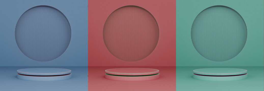 A creative display setup showcases a unique design with three vibrant colored backgrounds: blue, red, and green. - Powered by Adobe