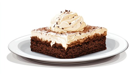 A single serving of chocolate brownie topped with whipped cream and chocolate shavings on a white plate.