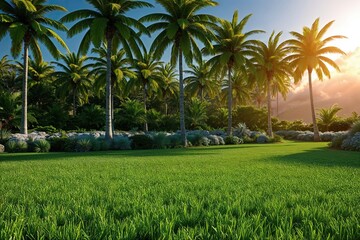 Fototapeta premium High Resolution 3D Rendering of Lush Tropical Lawn Field Backdrop