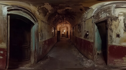 360 degree panorama view.A 360-degree photo shows the inside of a grimy, abandoned hallway.