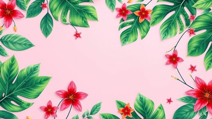 Pastel pink paper texture with tropical foliage pattern featuring bright green leaves and colorful flowers in a repeating design, foliage, outdoor decor, pastel pink