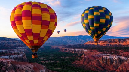 Obraz premium outdoor activities, rock climbing. Vibrant hot air balloons floating over rugged canyons, outdoor adventure, majestic exploration from above