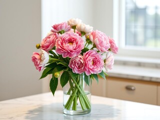 Pink and white ranunculus in a clear glass vase on a marble countertop, contemporary decor, ranunculus