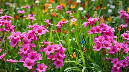 Fototapeta premium Pink flowers blooming in the shape of heart amidst lush green grass and colorful butterflies in a beautiful garden, lush green grass, , colorful butterflies