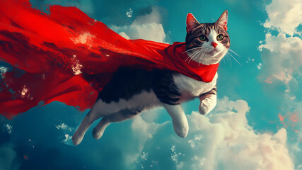 A Cat Soars Through the Air in a Stunning Red Cape. See the magic unfold as a fearless cat takes to the skies, dressed in a vibrant red cape. Soaring through the air, the cape flutters dramatically