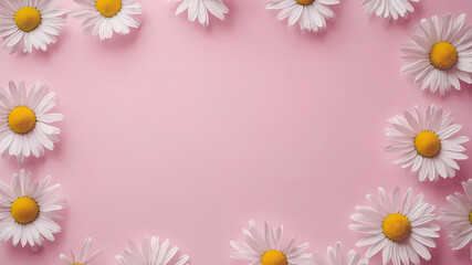 Fototapeta premium Pink Background with Chamomile Frame: A Beautiful Spring Floral Design. Transform your space with the calming beauty of chamomile daisies framed by a soft pink backdrop.