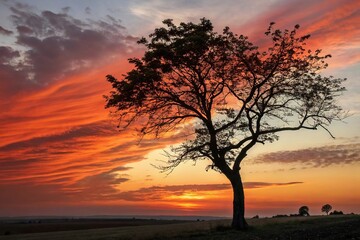 Rowan tree standing against a warm sunset background with vibrant oranges and reds, sunset, atmospheric
