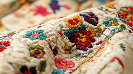 Delicate Bosnian embroidery features vibrant threads arranged in floral patterns on soft fabric