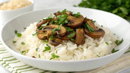Sauteed mushrooms and chopped parsley atop a bed of fluffy white rice, flatware, white rice, serving, saut?ed mushrooms