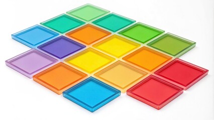 Set of colored plexiglas shapes in a grid pattern, grid, modern art, shapes, color