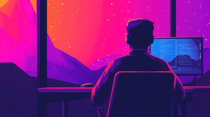 A digital illustration featuring a person at a computer, gazing at a vibrant starry night, surrounded by purple and pink hues.