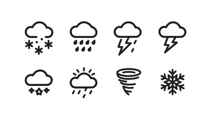 Weather conditions set icon. Cloud, cloudy, sun, rain, lightning, thunderstorm, wind, moon, rainbow, snow, snowflake, forecast. 