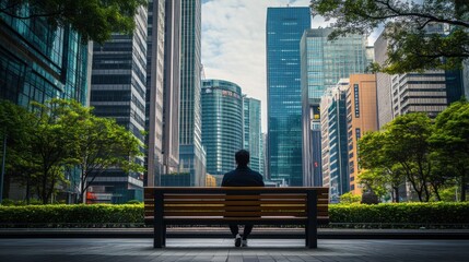 A person sitting alone on a park bench surrounded by tall skyscrapers, Illustrating the isolation in modern urban life, minimalist composition