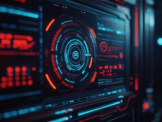 A futuristic interface featuring glowing blue and red elements, showcasing digital data and technology.