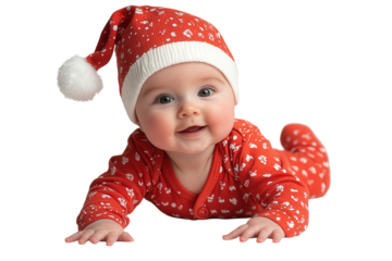 Cute baby in festive red outfit with white background.