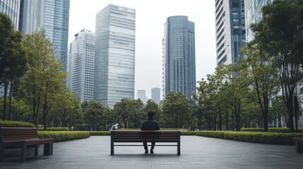 A person sitting alone on a park bench surrounded by tall skyscrapers, Illustrating the isolation in modern urban life, minimalist composition