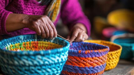 Chilean craftsman weaves vibrant baskets by hand, showcasing expert skill and colorful materials
