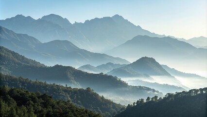 Fototapeta premium Soft focus of a misty mountain range, peaceful, atmospheric, mountain range