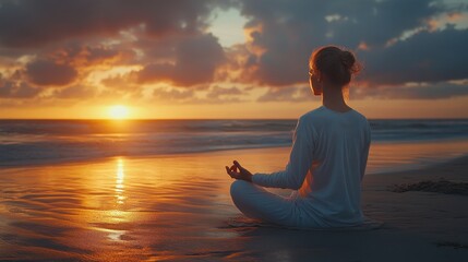 Woman meditates on beach sunset. Perfect for websites, blogs, or articles about mindfulness, yoga, and serenity.