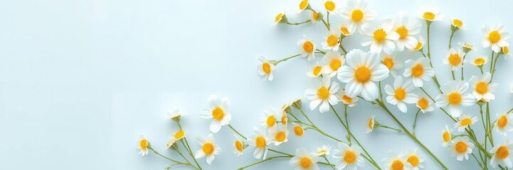 Fototapeta premium Soft pastel light blue background with a scattered arrangement of white and pale yellow flowers, , soft hues