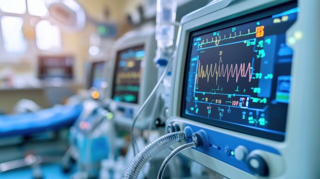 Anesthesia monitoring equipment in use, with glowing screens showing vitals and anesthesia levels in real time