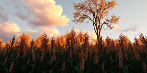 Softly glowing clouds of autumn hues adorn the branches of tall trees reflecting off the ripening corn, rural, autumn, cloud
