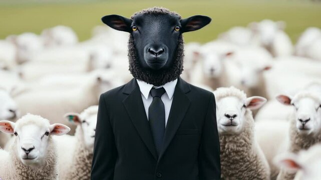 The Black Sheep in Business: A man in a suit with a black sheep's head stands confidently amidst a flock of white sheep.  A thought-provoking image representing individuality, standing out.