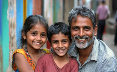 Poor indian father with two children.	