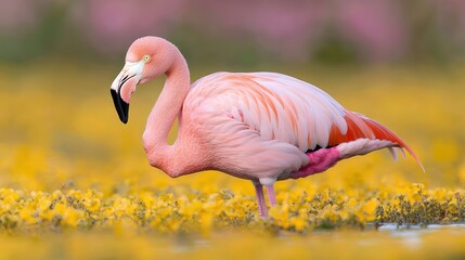 Fototapeta premium Serene Flamingo Reflection in Shallow Water with Soft Muted Background