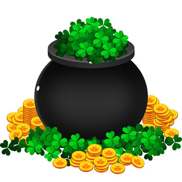 black pot overflowing gold coins, green clovers clip art preview