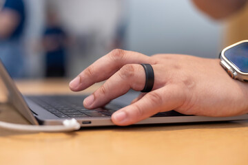 developer coding program on desktop computer. programmer job, smart digital nomad lifestyle concept.