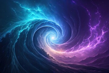 Naklejka premium Swirling clouds of electric blue and purple light, mystical, hypnotic, abstract matrix energy tunnel background, dreamlike, surreal