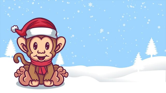 Monkey wearing christmas hat animation video