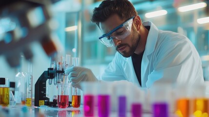 Medical laboratory scientist conducting biochemistry tests, using advanced tools and colorful chemical solutions
