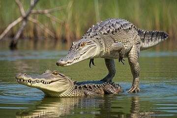 Obraz premium Crocodile Mimicking Birds in Wetlands Fascinating Aquatic Predator Adaptations