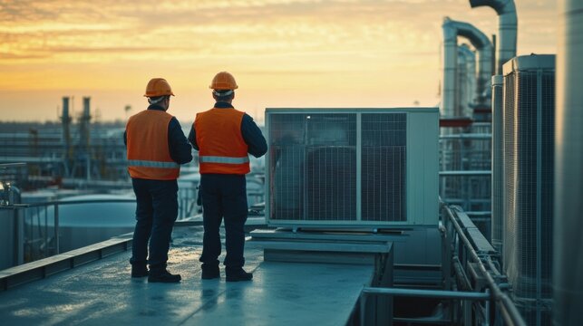 Rooftop air conditioner for industrial use, with technicians ensuring proper operation in a large industrial facility