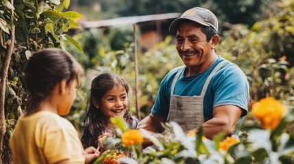 Social worker providing support in a rural community, engaging with local families in an open and natural setting