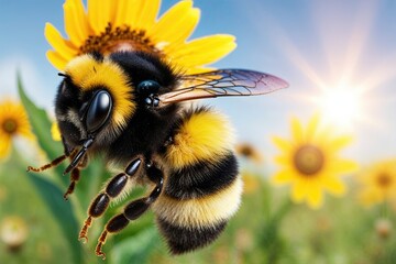 Charming Bumblebee With Fuzzy Yellow Stripes on Sunny Background for Nature Lovers
